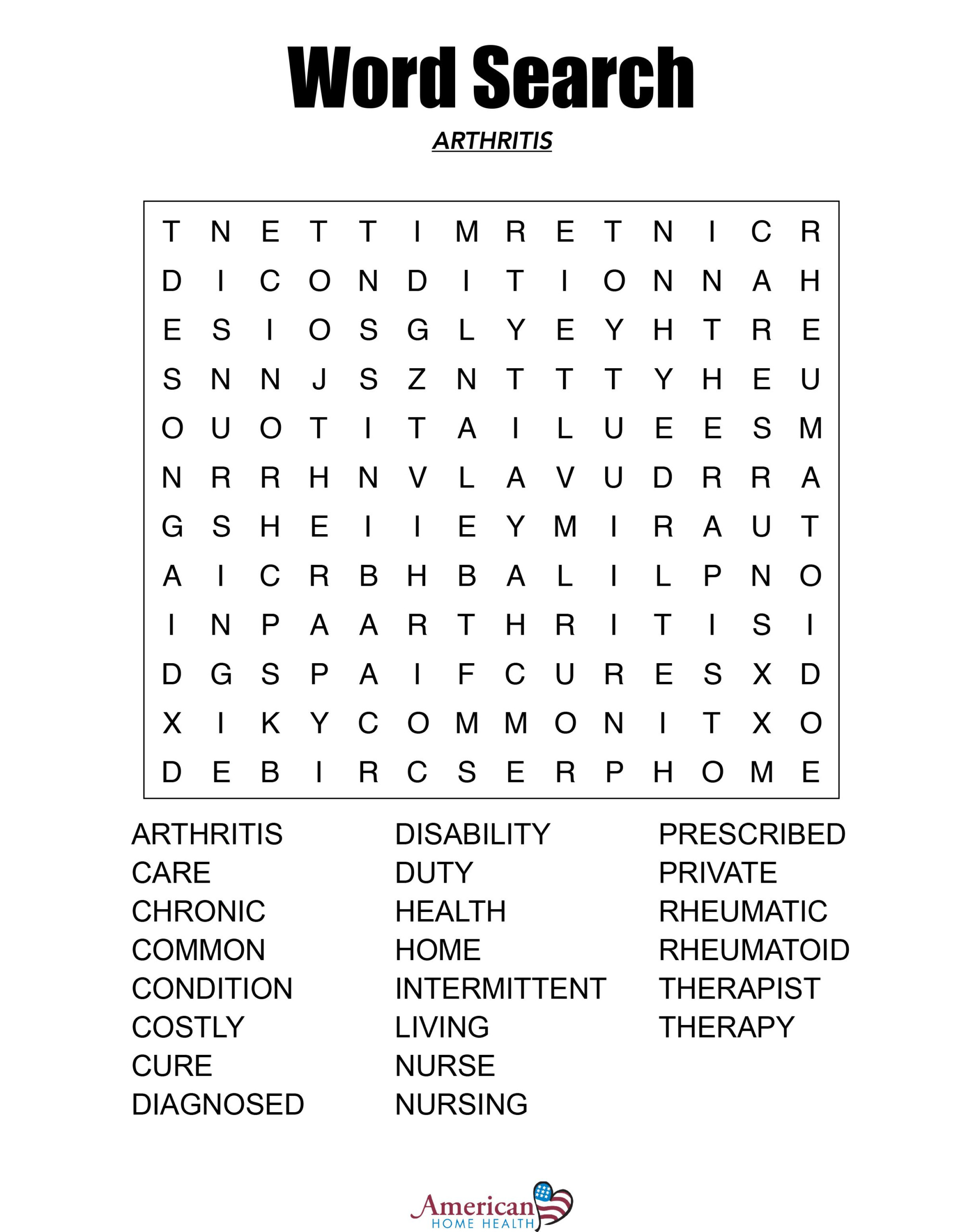 Word Search Arthritis Arthritis Word Search Puzzles Word Search  - Arthritis Crossword Puzzles Printable Easy