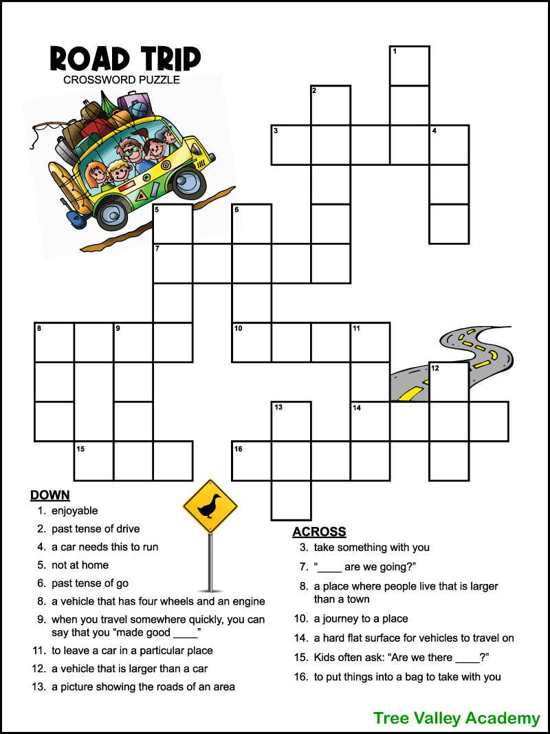 Easy Road Trip Crossword Puzzle For Kids Tree Valley Academy - Back Easy Going Crossword Clue