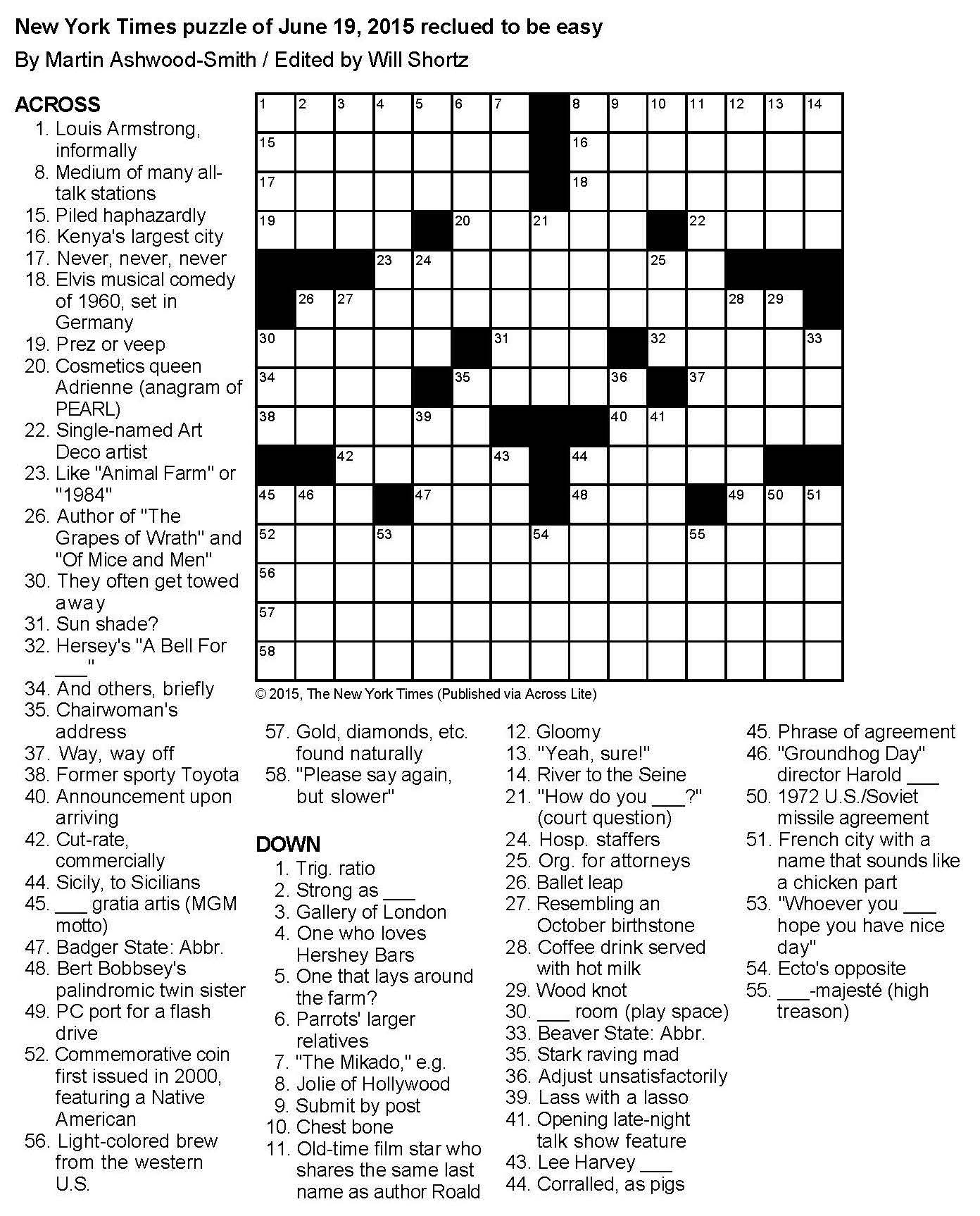 Friday June 19 2015 NYT Crossword By Martin Ashwood Smith - Best Easy New York Times Crosswords