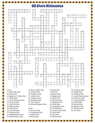 US State Nicknames Crossword Puzzle - Big Easy Nickname Crossword