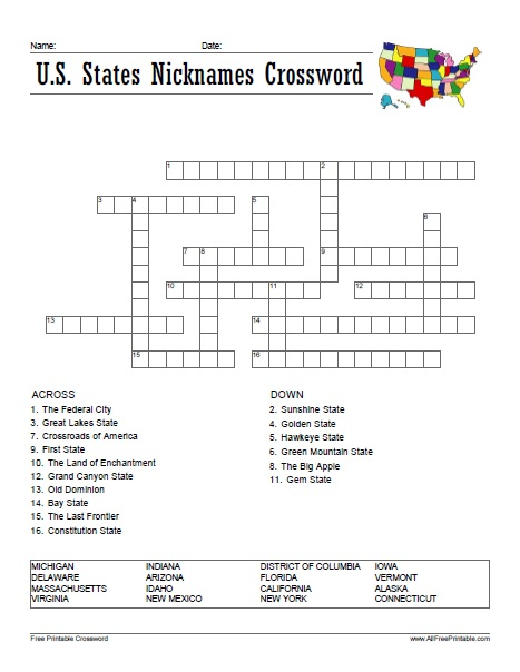U S States Nicknames Crossword Free Printable - Big Easy Nickname Crossword