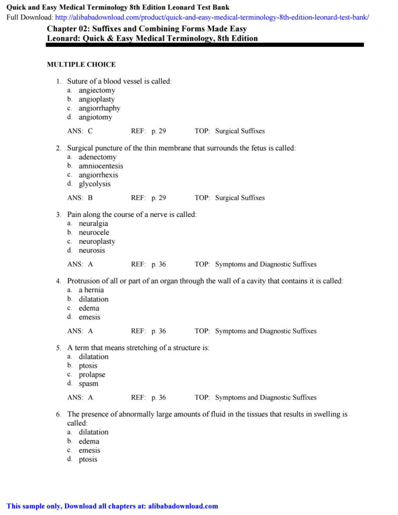 Quick And Easy Medical Terminology 8th Edition Leonard Test Bank By  - Chapter 2 Suffixes And Combining Forms Made Easy Crosswords