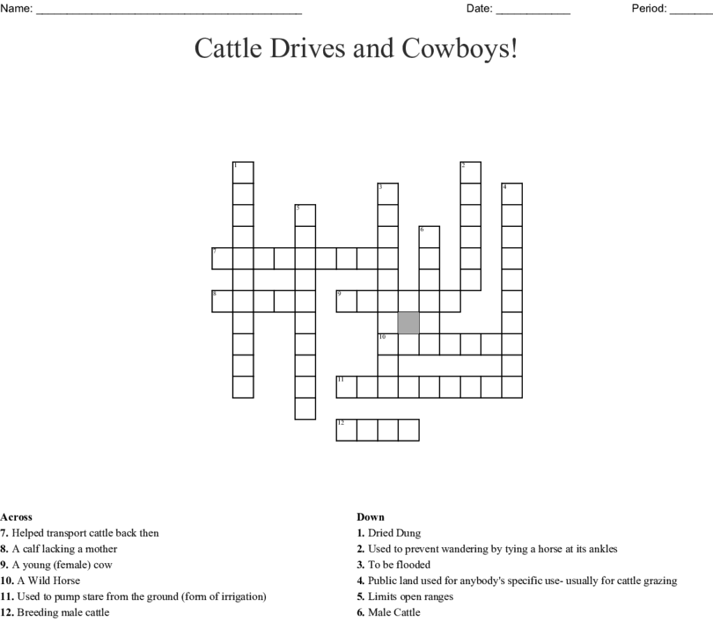 Cattle Drives And Cowboys Crossword WordMint - Cowboy Crossword Easy