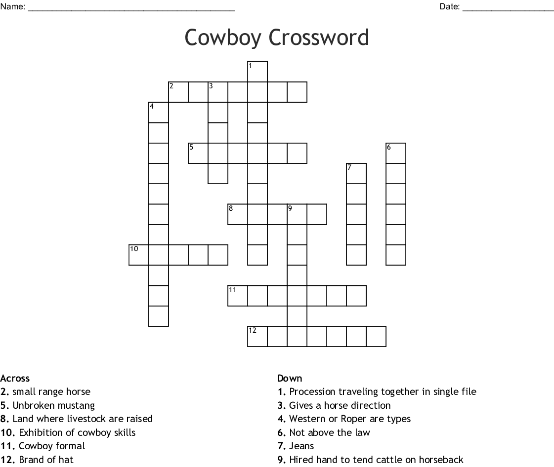 Cowboy Crossword WordMint - Cowboy Crossword Easy