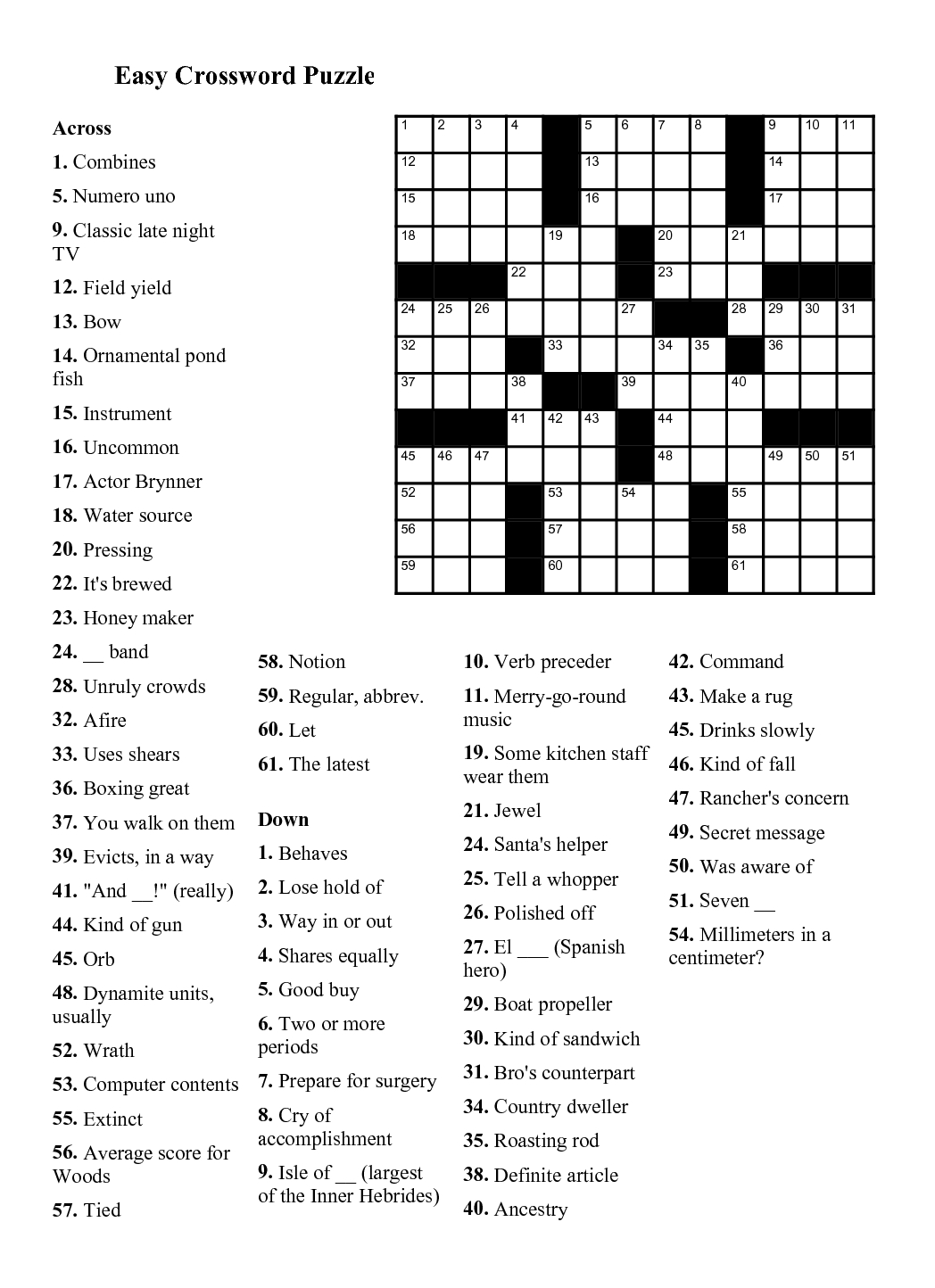 Very Easy Printable Crossword Puzzles Printable Crossword Puzzles - Crossword Puzzle Easy Free