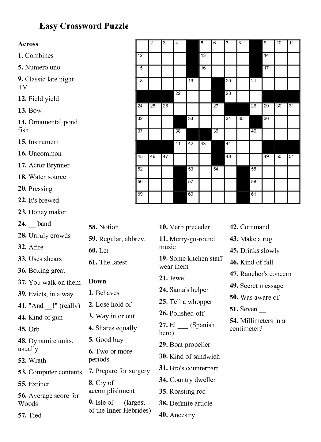 Very Easy Printable Crossword Puzzles Printable Crossword Puzzles - Crossword Puzzle Easy Printable Free