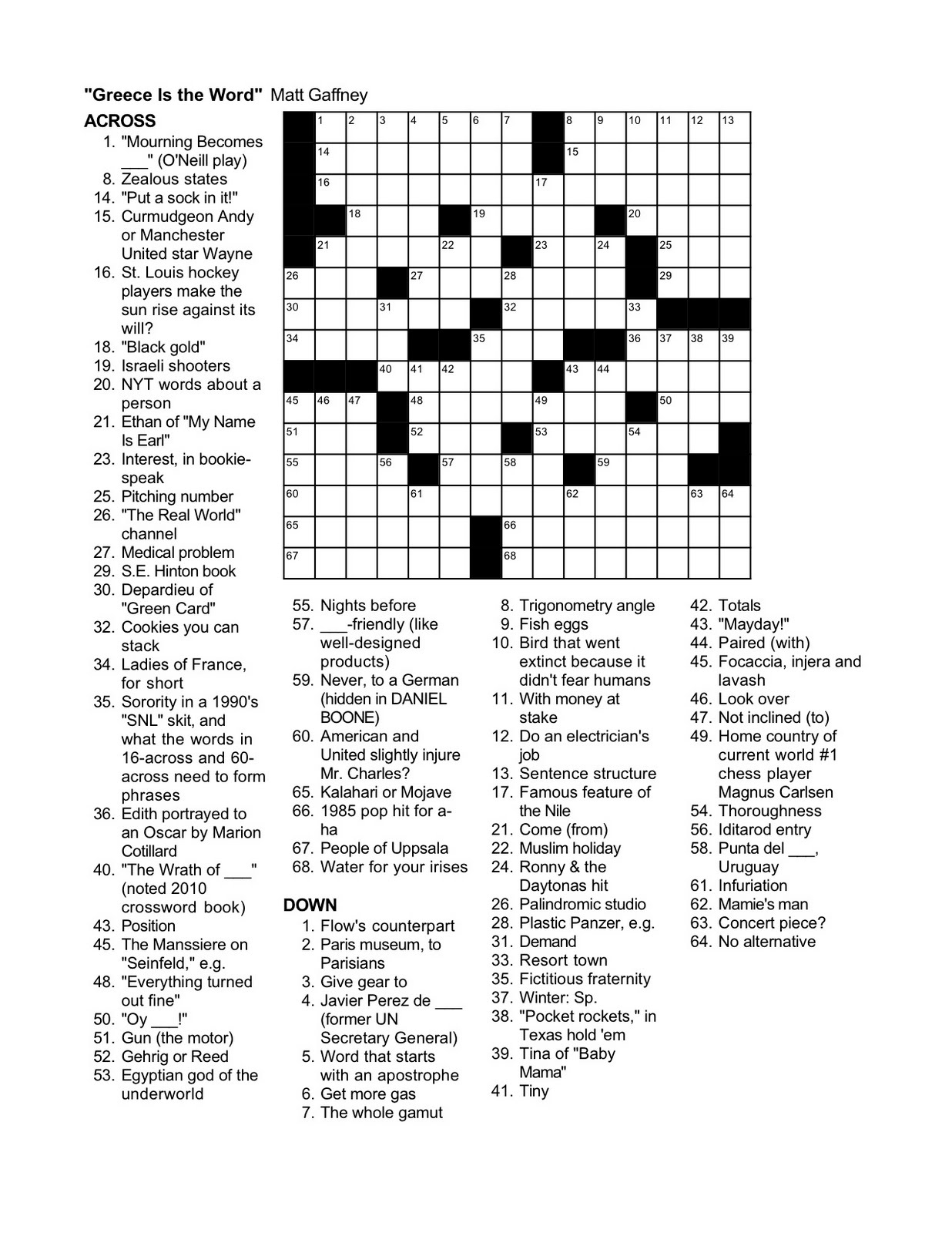 Matt Gaffney s Weekly Crossword Contest June 2011 - Easy A Star Stone Crossword