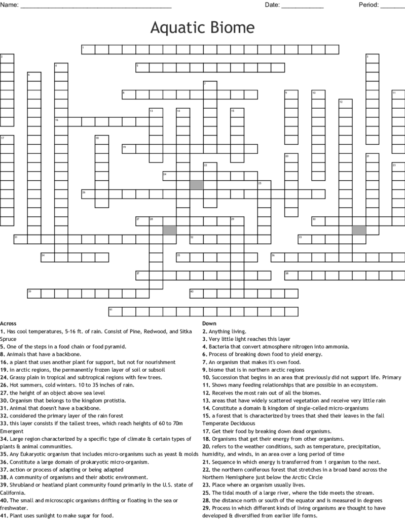 Biome Vocabulary Crossword WordMint - Easy Aquatic Biome Crossword Puzzle