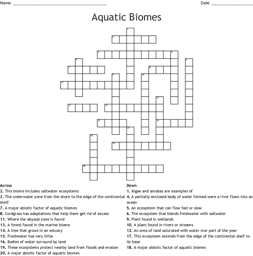 Aquatic Biomes Worksheet Kindergarten Printable Sheet - Easy Aquatic Biome Crossword Puzzle