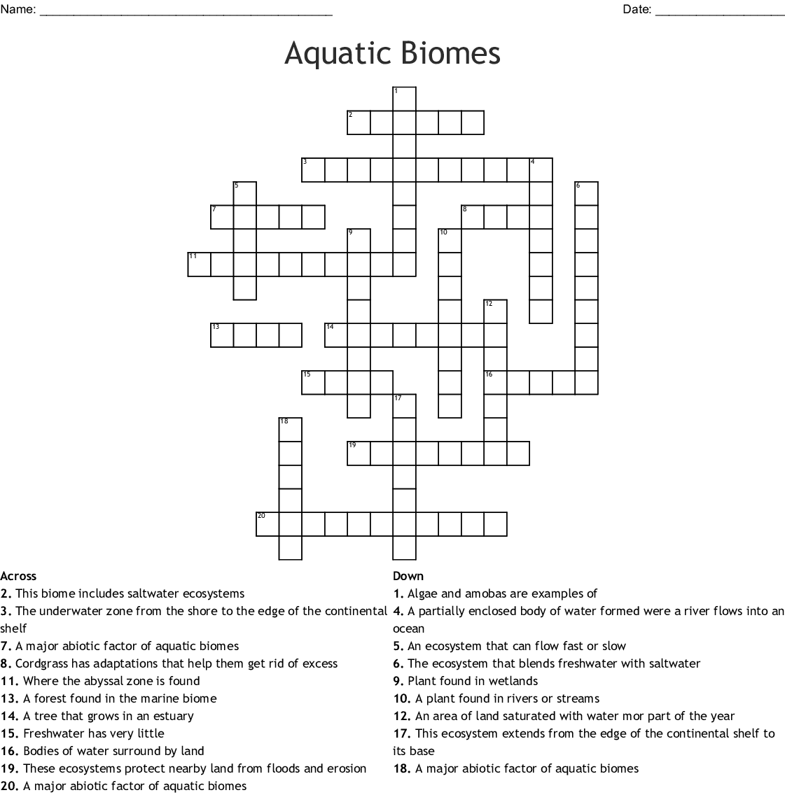 Aquatic Biomes Worksheet Kindergarten Printable Sheet - Easy Aquatic Biome Crossword Puzzle