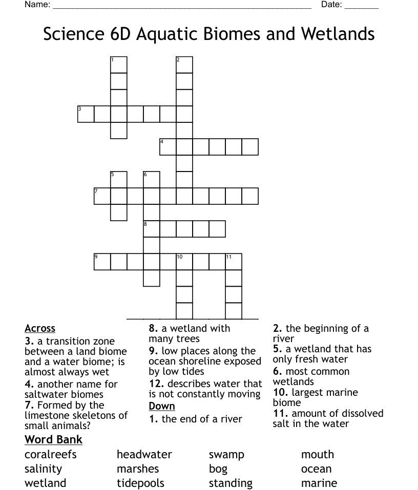 Easy Aquatic Biome Crossword Puzzle Easycrosswordpuzzlesprintable com