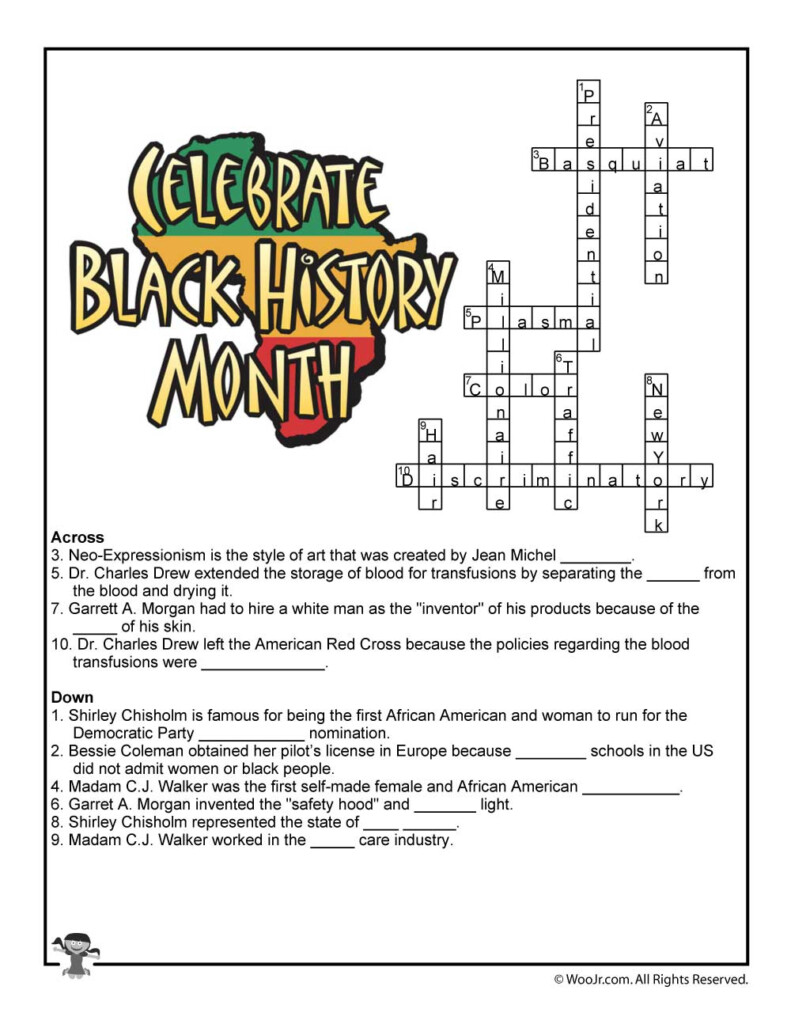 Black History Month Crossword Worksheet Answer Key Woo Jr Kids  - Easy Black History Crossword Puzzle Printable