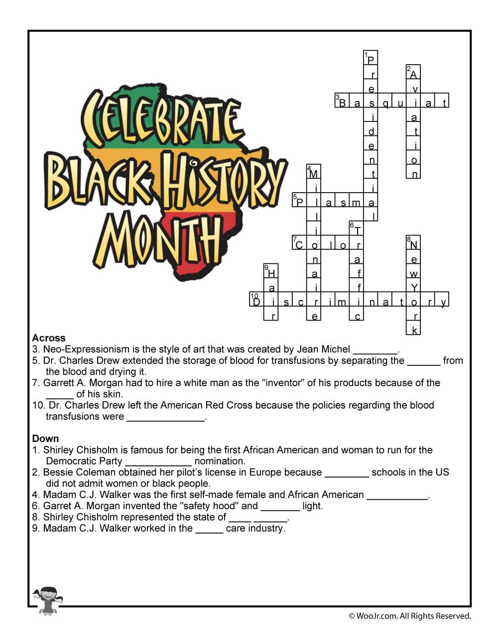 Black History Month Crossword Worksheet Answer Key Woo Jr Kids  - Easy Black History Crossword Puzzle Printable