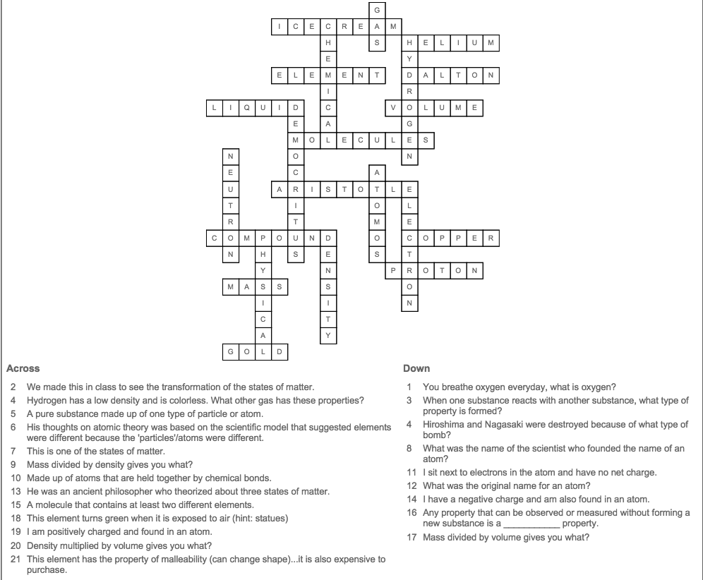 Science 9 Welcome To Ms Stewart s Website - Easy Chemistry Crossword Puzzle Answers