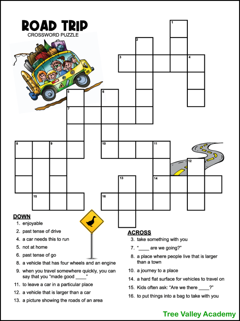 Easy Road Trip Crossword Puzzle For Kids Tree Valley Academy - Easy Clue Crossword