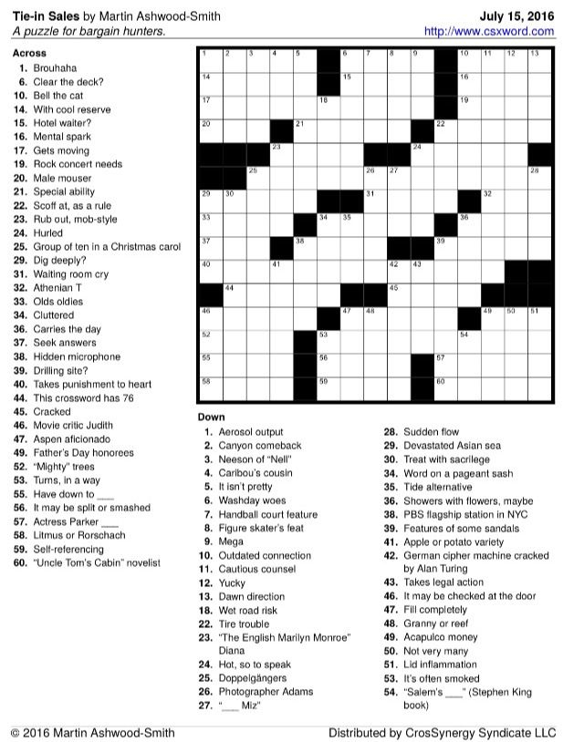 My Washington Post Crossword For Friday July 15 2016 Tie In Sales  - Easy Crossword At Wash Post