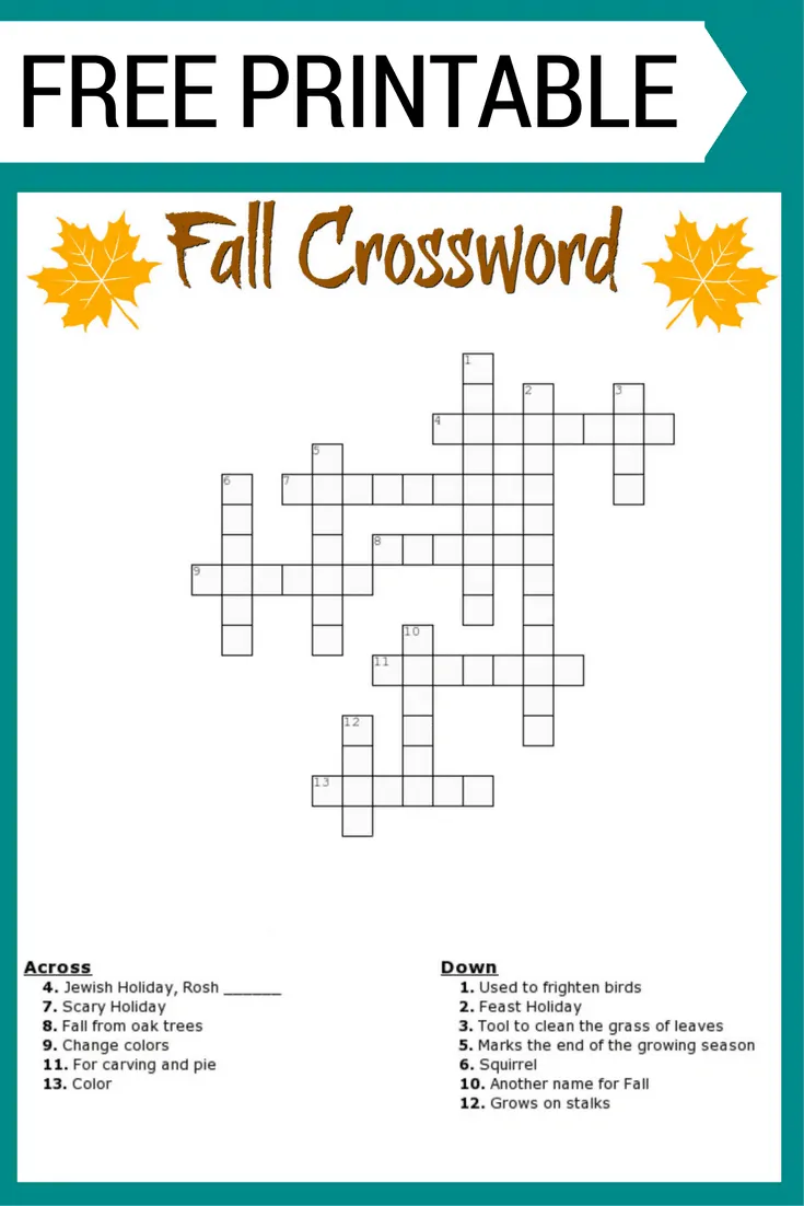 Fall Crossword Puzzle Free Printable Worksheet - Easy Fall Crossword Puzzle Printable