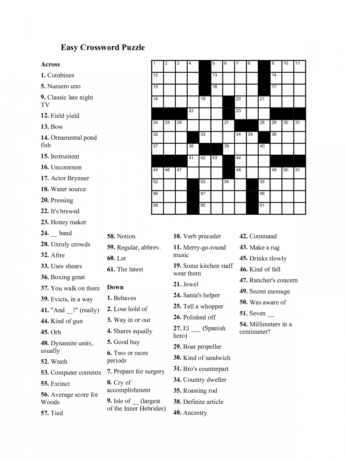Fun Easy Crossword Puzzles For Seniors 101 Activity - Easy Free Crossword Puzzle