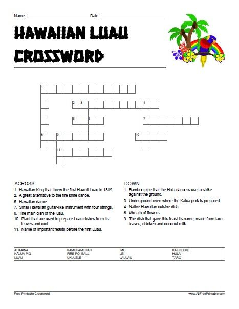 Free Printable Hawaiian Luau Crossword Puzzle Hawaiian Crafts Luau  - Easy Hawaii Crosswords