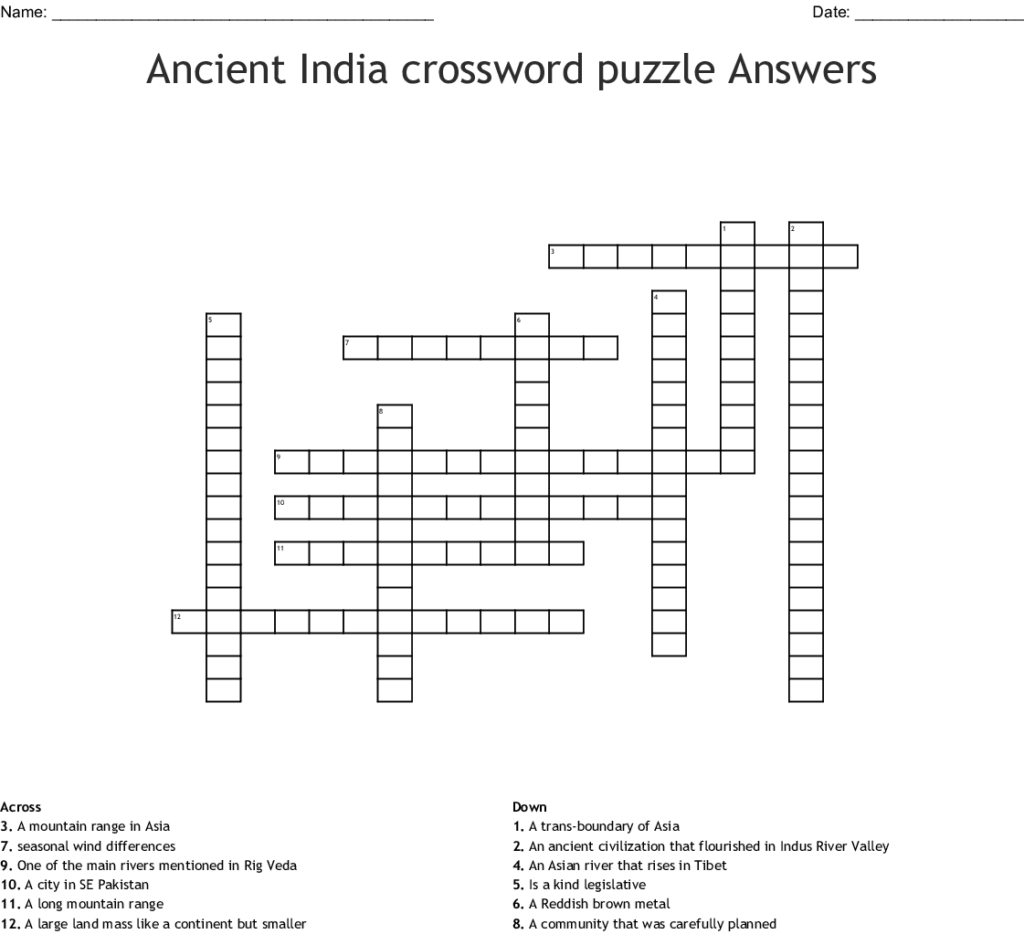 Ancient India Crossword Puzzle Answers WordMint - Easy Hindi Crosswords With Answers