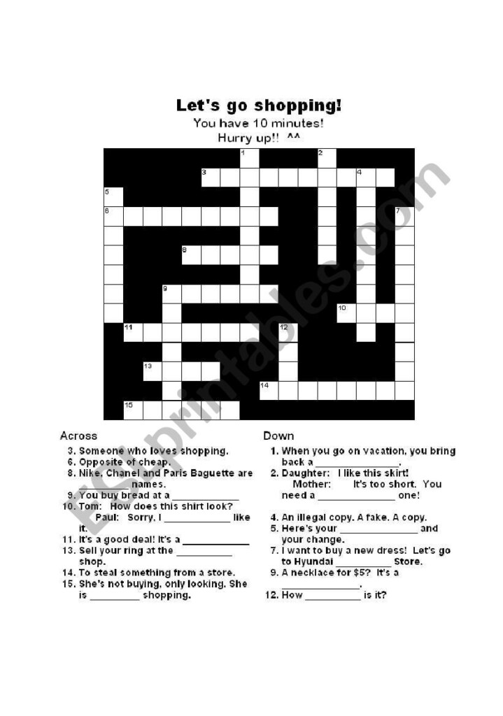 English Worksheets Shopping Crossword Key  - Easy Kind Of Shopping Crossword