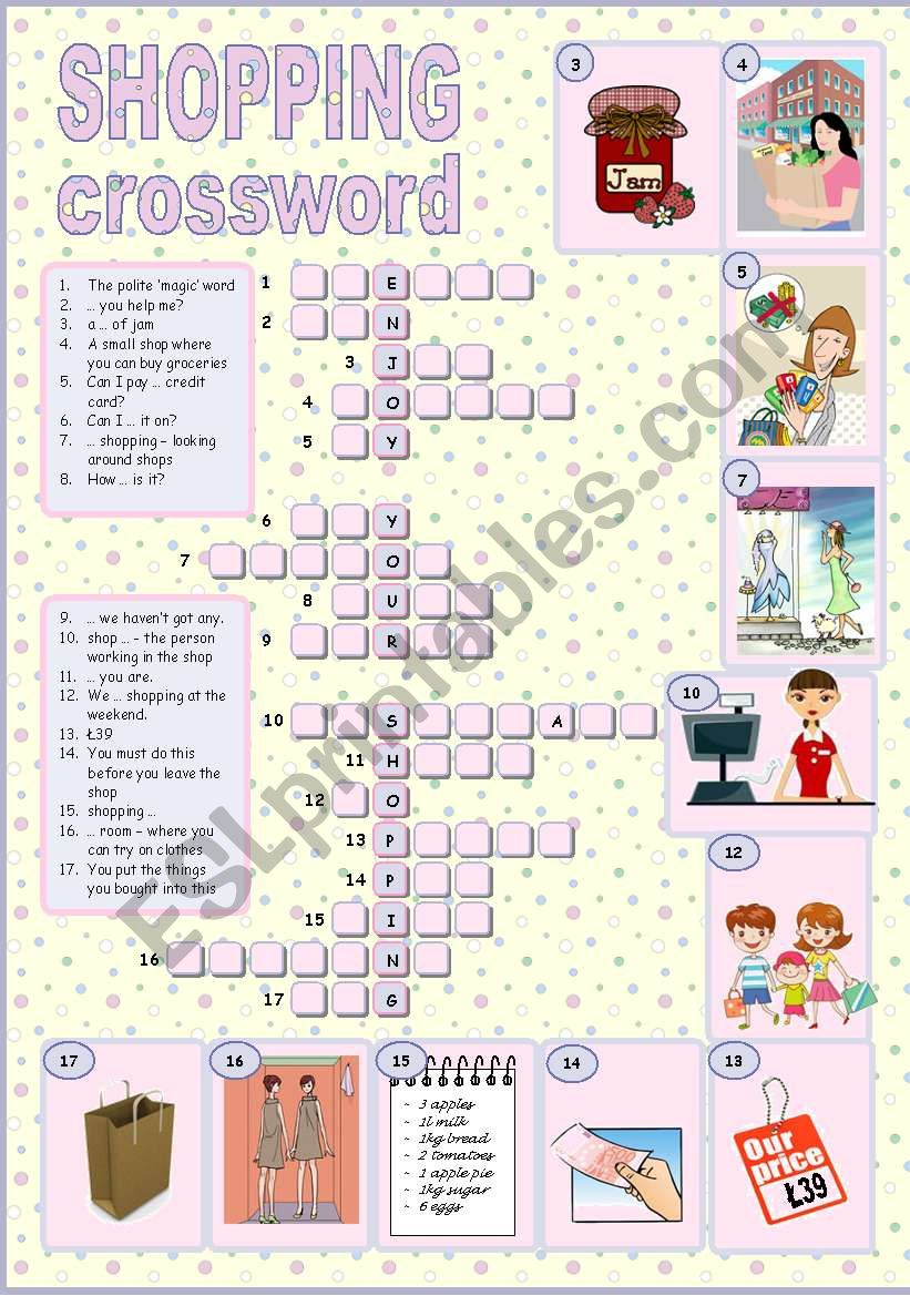 SHOPPING CROSSWORD ESL Worksheet By Tecus - Easy Kind Of Shopping Crossword