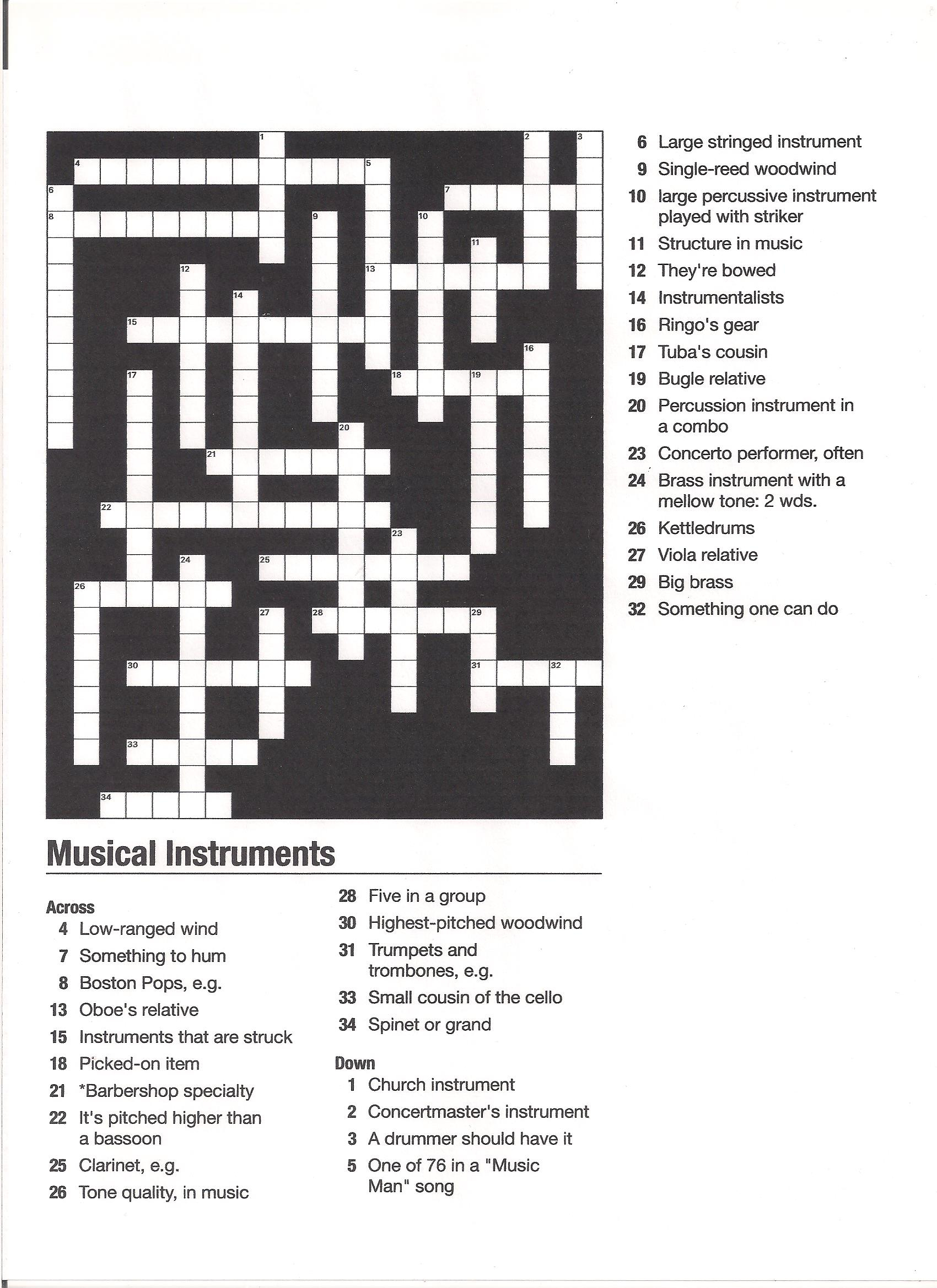 Musical Instruments Crossword Puzzle Studio Notes Online - Easy Listening Music Genre Crossword