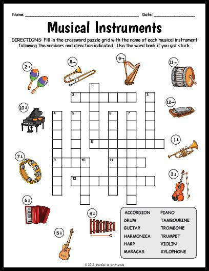 Free Printable Musical Instruments Crossword Music Instruments Kids  - Easy Listening Music Genre Crossword