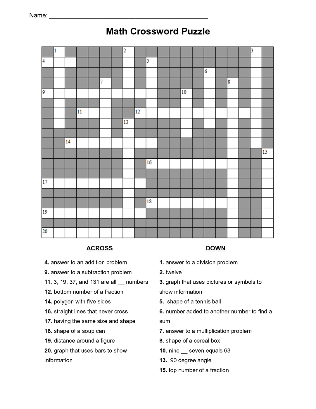 Easy Maths Crossword Puzzles With Answers For Class 6 V rias Classes - Easy Math Crossword For Kids