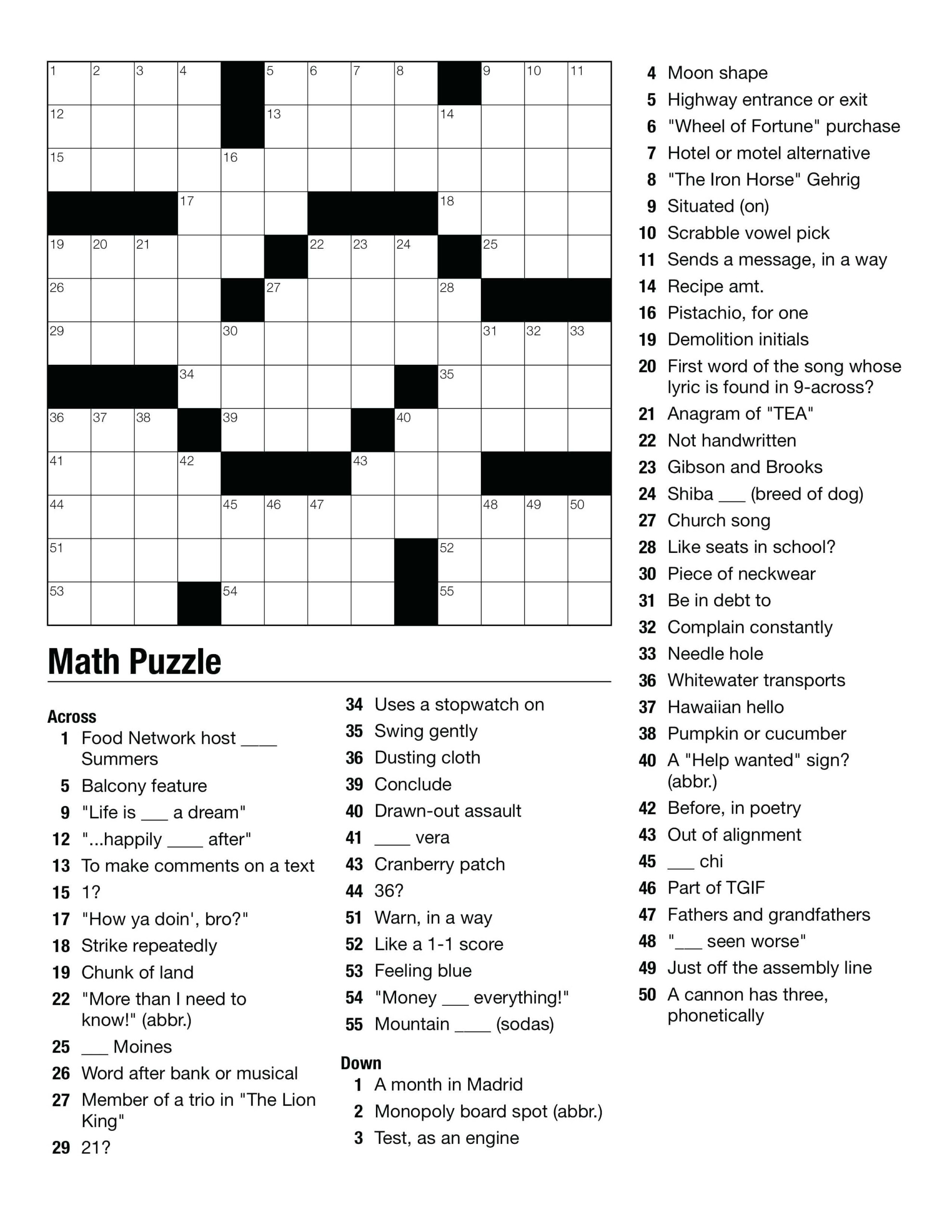 Printable Math Crossword Puzzles For High School Printable Crossword  - Easy Math Crossword Puzzles With Answers