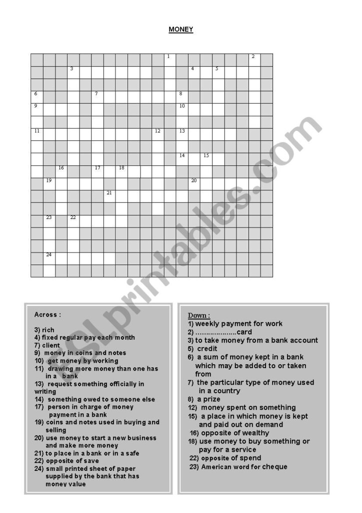 MONEY CROSSWORD ESL Worksheet By Moshed - Easy Money Crossword