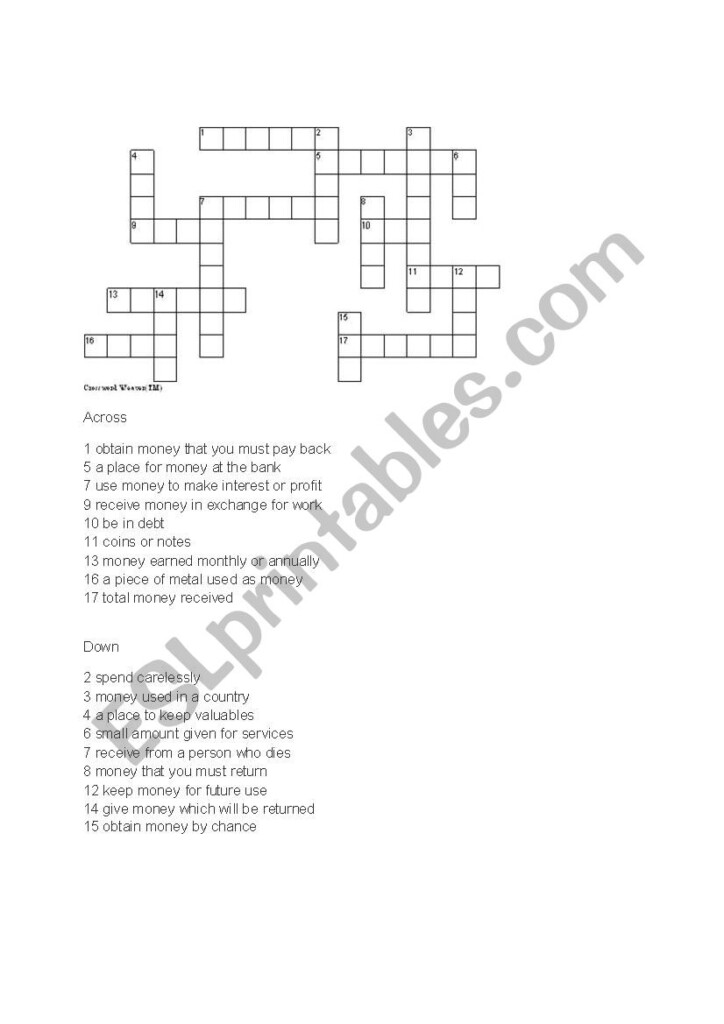 Money Crossword ESL Worksheet By Mimetomt - Easy Money Crossword