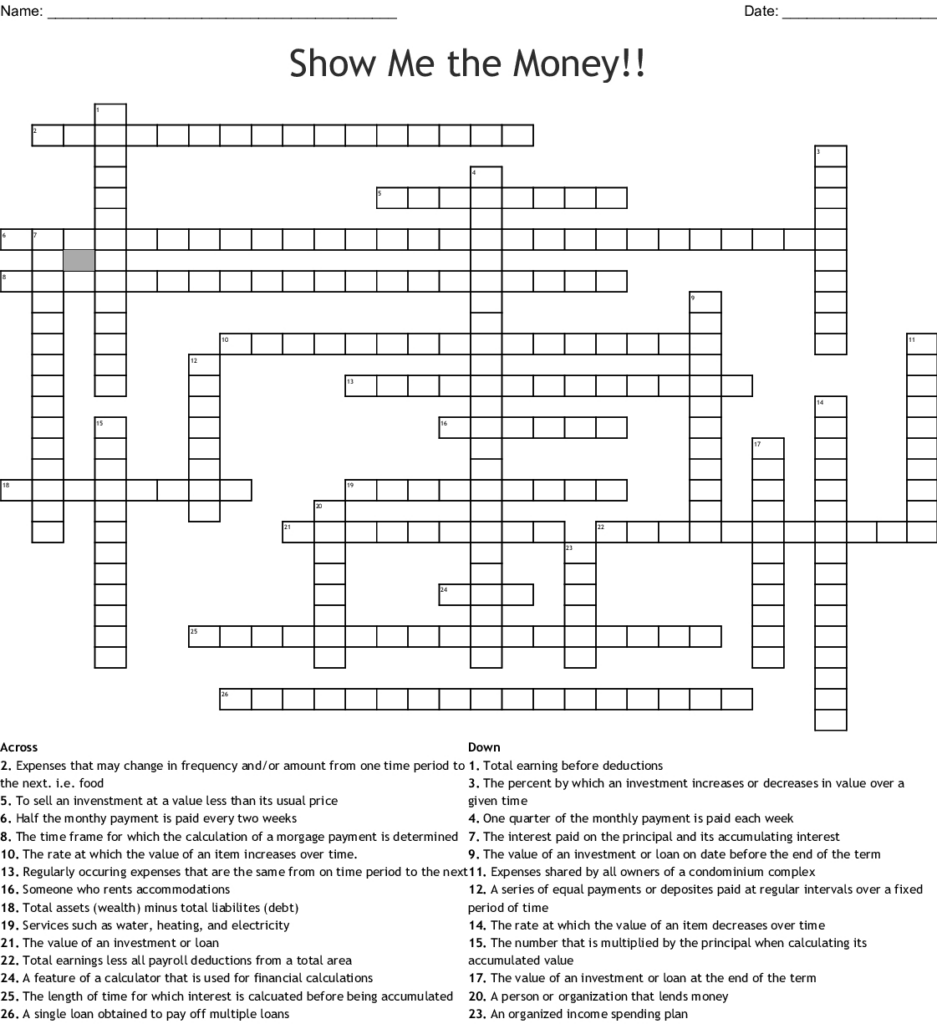 Printable Crossword Puzzle Money Printable Crossword Puzzles - Easy Money Crossword