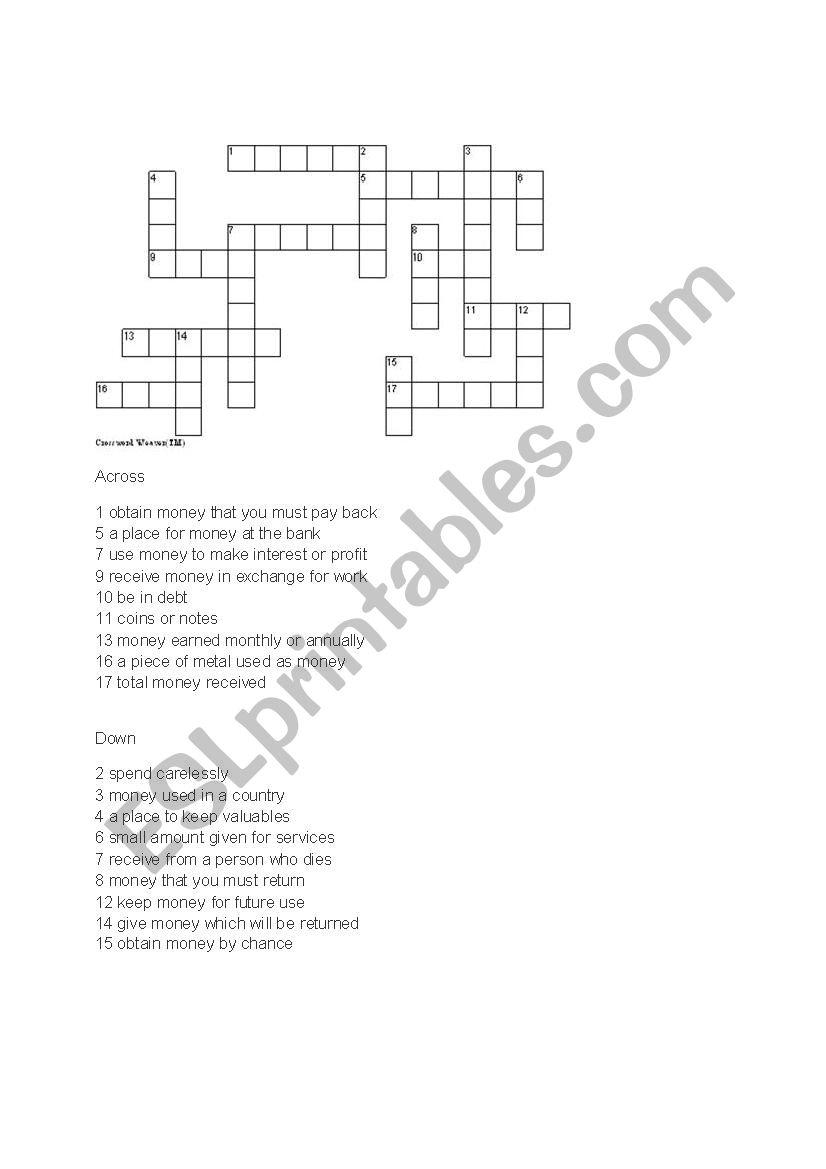 Money Crossword ESL Worksheet By Mimetomt - Easy Money Crossword