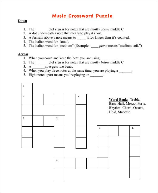 Free Printable Crossword Puzzle 14 Free PDF Documents Download  - Easy Music Crossword P