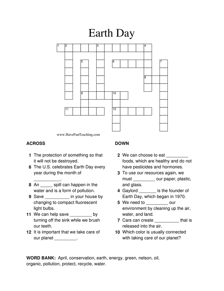 Earth Day Crossword Puzzle Have Fun Teaching - Easy On The Ears Crossword