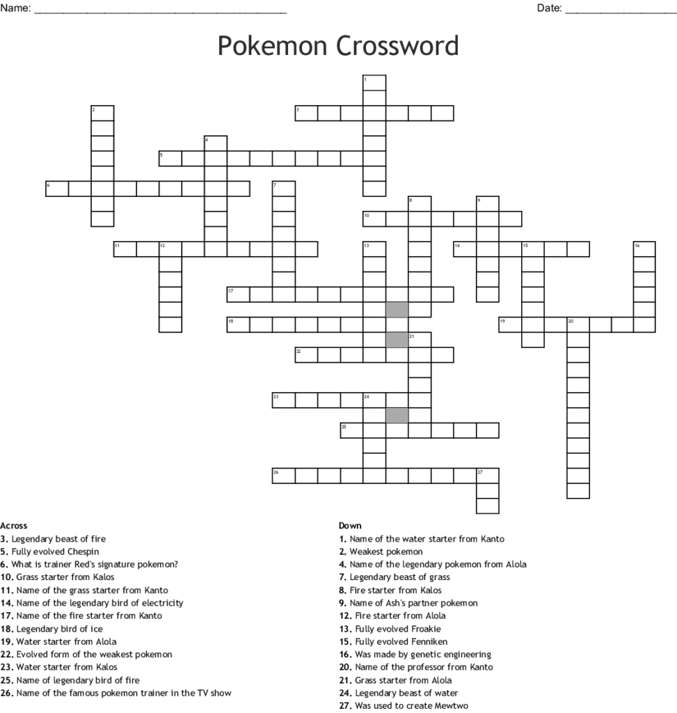 Anime Manga Crosswords Word Searches Bingo Cards WordMint - Easy Pokemon Crossword Puzzles