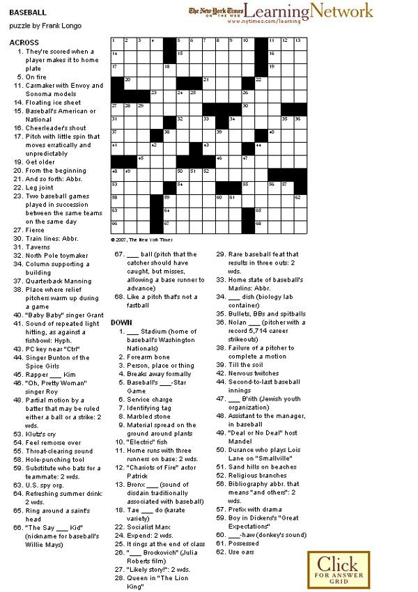 Crosswords Baseball - Easy Printable Baseball Crossword Puzzles