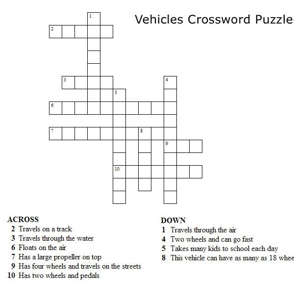 Kids Crossword Puzzles Print Your Vehicles Crossword Puzzle Puzzle  - Easy Race Pace Crossword