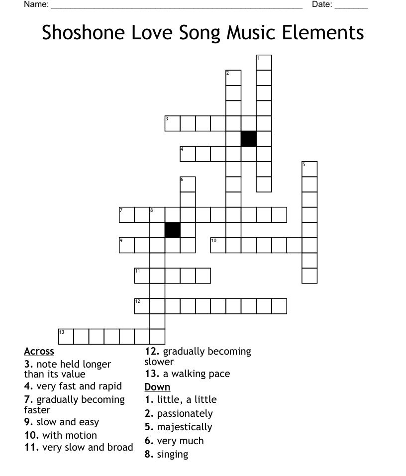 Shoshone Love Song Music Elements Crossword WordMint - Easy Rhythm Crossword