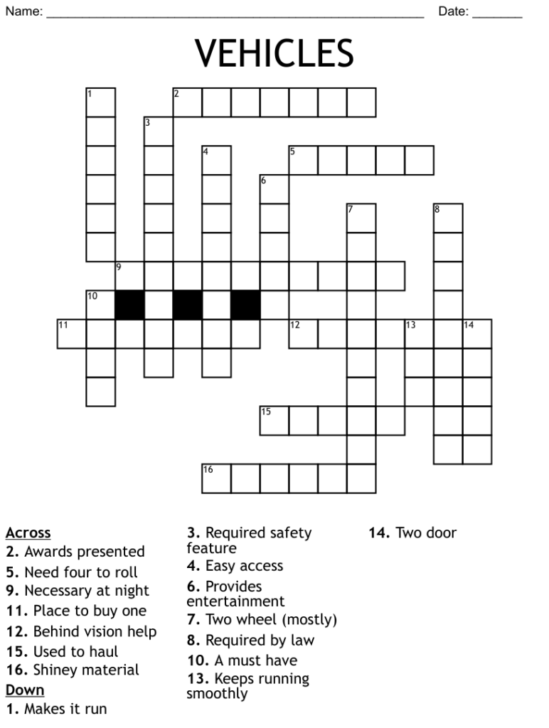 VEHICLES Crossword WordMint - Easy Run Crossword