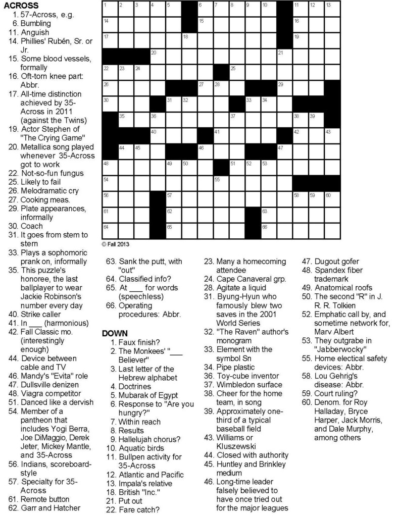 Baseball Tribute Crossword Puzzle - Easy Sports Crossword Puzzles With Answers