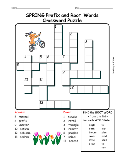 SPRING Prefix And Root Words CROSSWORD PUZZLE  - Easy Spring Crossword Puzzle For Grade 2