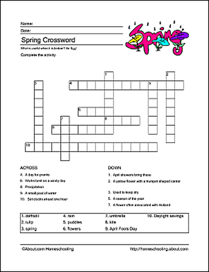 Free Printable Spring Related Activity Worksheets Spring Worksheet  - Easy Spring Crossword Puzzle For Grade 2