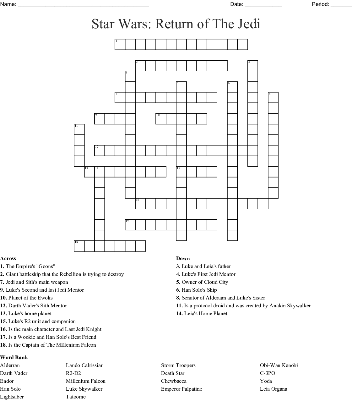 Star Wars A New Hope Crossword WordMint - Easy Star Wars Crossword