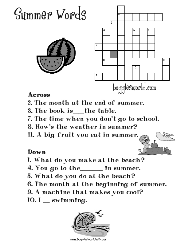 Crosswords For ESL - Easy Summer Crossword Puzzles For Esl Students