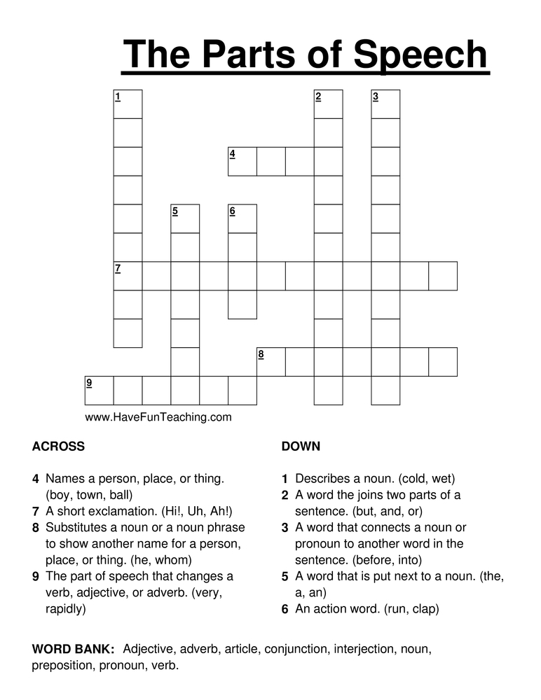 Parts Of Speech Crossword Puzzle Have Fun Teaching - Easy Task Gift Inf Crossword Clue