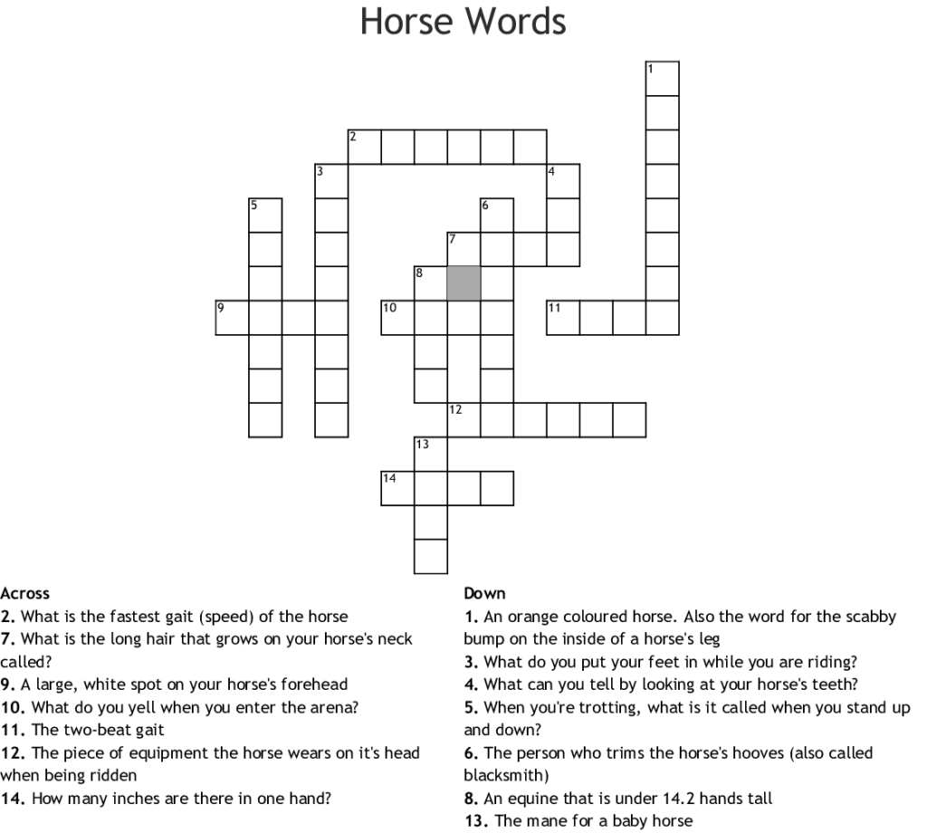 Horses Crossword WordMint - Easy There Horse Crossword