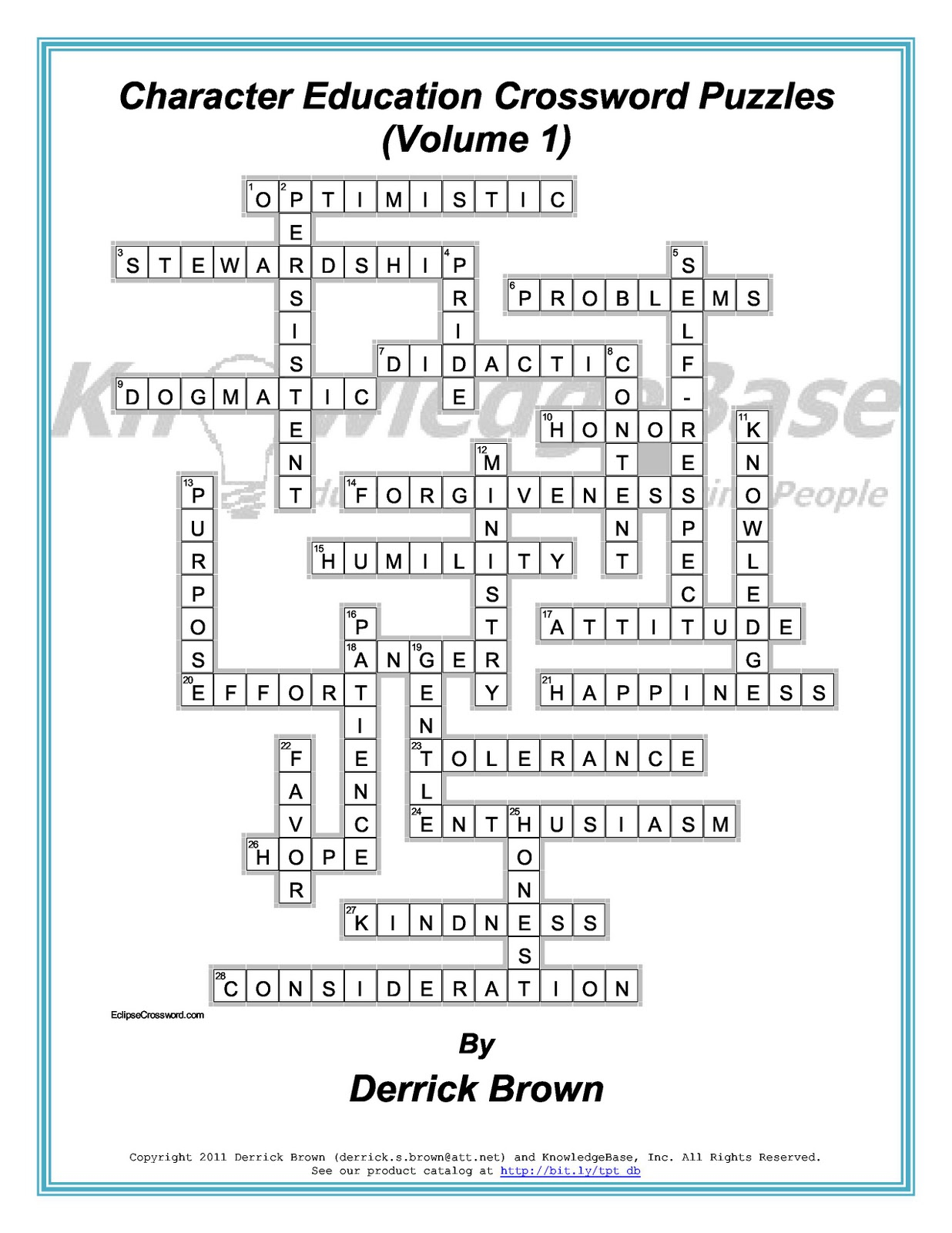 Reachthenteach Character Education Crossword Puzzles Volume 1  - Easy To Read Character Crossword Clue