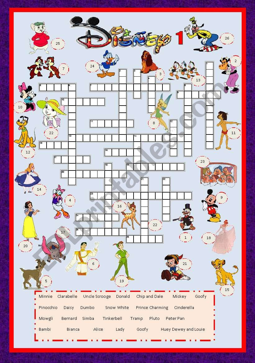 Cartoon Series 3 Disney Characters Crossword 1 Key ESL Worksheet  - Easy To Read Character Crossword